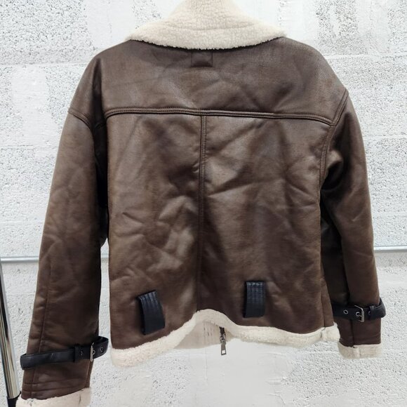 NWT Wild Fable Brown Faux Leather Sherpa Aviator Jacket Women’s Size Small - Picture 6 of 9